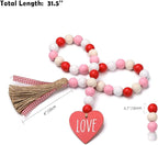 Valentine’s Day Wood Bead Garland with Tassels and Love Heart Shaped Wooden Embellishments Rustic Farmhouse Tiered Tray Wedding Decorations Home Decor (Red & White Love)