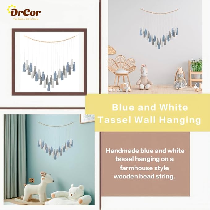 DrCor Dusty Blue Boho Macrame Garland – Serene Wall Hanging for Living Room, Bedroom or Reading Corner, Dorm Room or Study Decor, Coastal Boho Mantel or Entryway Decoration