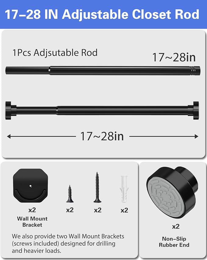No Drilling Closet Rods for Hanging Clothes, Non Slip Tension Rod with Heavy Duty Clothes Hanging Rod, 17-28 Inches Adjustable Spring Closet Rod for Closet Wardrobe Bathroom Laundry RV, Black