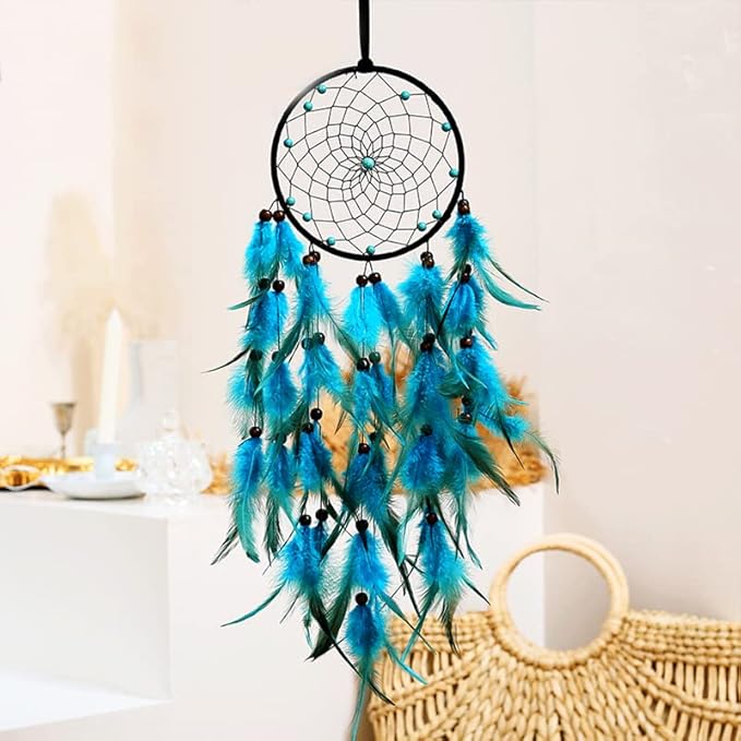 Handmade Dream Catcher, Natural Feather Dream Catchers Mobile Wall Decor, Dreamcatchers Gift for Girls Kids Women Decorations Home Ornament（Blue）