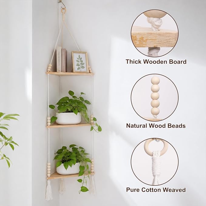 Artilady Macrame Corner Shelf Wall Hanging 3-Tier, Adjustable Boho Wood Plant Shelves Display for Indoor Candle Holder, Bedroom Living Room Home Decor (Beige 3-Tier)