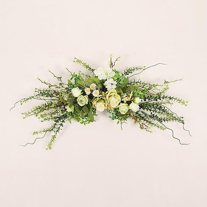 Artificial Greenery Flower Swag, Fake Eucalyptus Rose Flower Swag for Door Lintel Spring Summer Arch Flower Swag for Wedding Home Party Table Door Wall Decor
