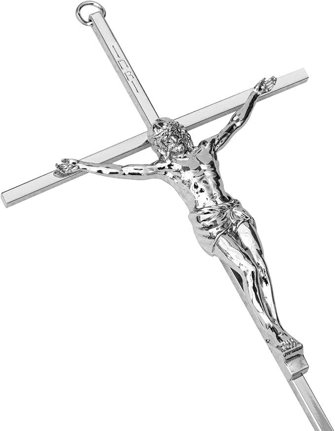 KUXBET Crucifix Wall Cross, Metal Wall Hanging Cross,10inch Silver Jesus Crucifix Home Décor, Gift for Family