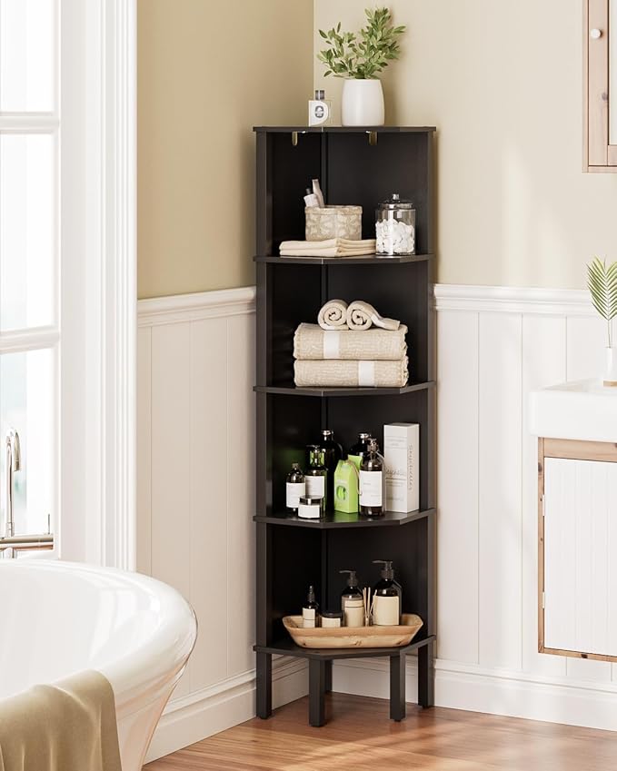 Corner Shelf, 5 Tier Corner Bookshelf, Display Corner Shelf Stand with Storage Rack, Wall Corner Bookshelf for Living Room, Bedroom, Office, Black
