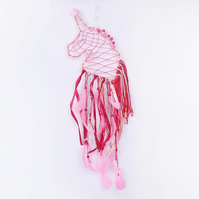 Pretty Jolly Unicorn Dream Catchers for Little Girls Bedroom Handmade Kids Dreamcatcher with Fluffy Pom Poms Feathers&Beads,Nursery Wall Decor for Toddler Girls Room,Children Birthday Gift(Pink)