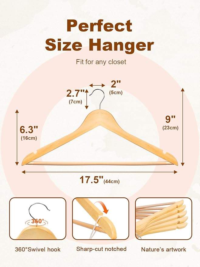 HOUSE DAY Wooden Hangers 30 Pack, Solid Wood Clothes Hangers with Non Slip Pant Bar, Heavy Duty Wooden Coat Hanger for Closet, Smooth Finish Wood Hangers for Shirts, Suits Jackets, Dress, Natural