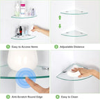 3 Pack Glass Corner Shower Shelves, Tempered Floating Glass Shelves Wall Mount, Shower Caddy Organizer, Bathroom Corner Shelf with Zinc Alloy Brackets for Bathroom, Kitchen, Living Room