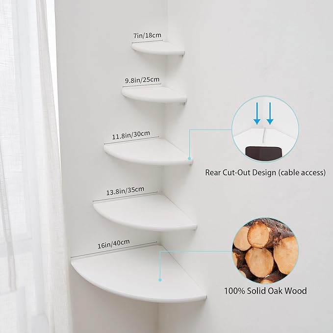 White Corner Shelf, Wall Mount Natural Oak Wood Floating Corner Wall Shelf Round End Small Corner Nightstand Plant Shelf for Bedroom, Kitchen, Living Room 14inch