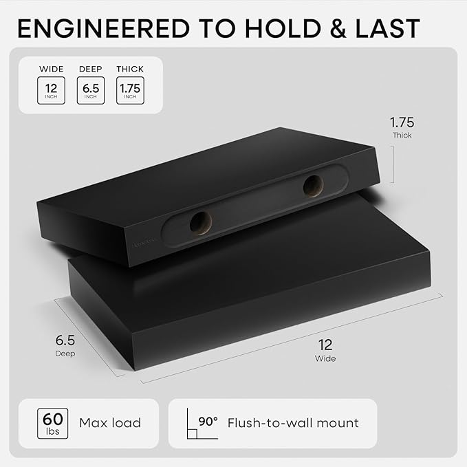 Homeforia Floating Shelf Black 12 inch, High End Solid Real Wood Small 12inch Floating Shelves for Wall Mounted, Black Wooden 12 in Floating Shelves, Heavy Duty Bracket, 12 X 6.5 X 1.75 inch, Set of 4