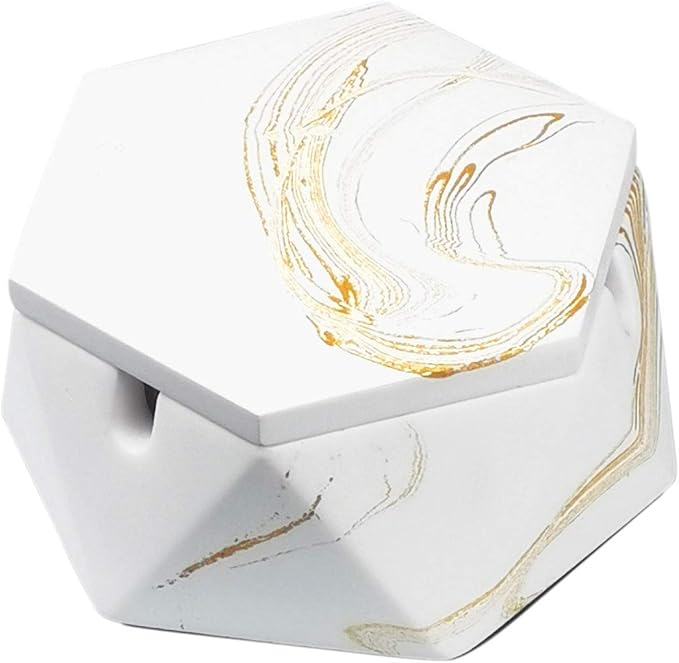 FREELOVE Concrete Ashtray with Lid & Stainless Steel Ashtrays for Cigarettes, Cement Ash Tray Smoking Holder Indoor Smokeless Outdoor Windproof Patio Home Office Cool Decor(Gold Marble, Small)