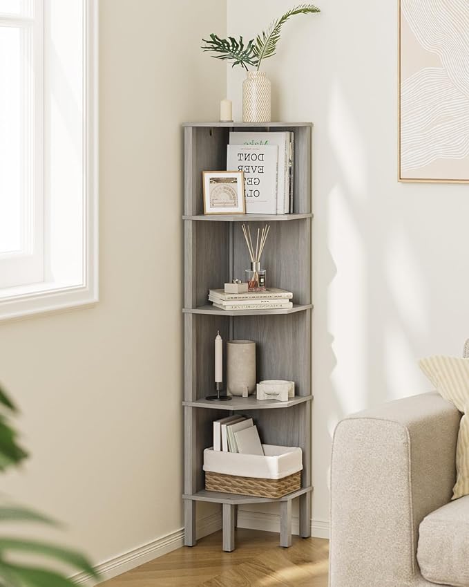 Corner Shelf, 5 Tier Corner Bookshelf, Display Corner Shelf Stand with Storage Rack, Wall Corner Bookshelf for Living Room, Bedroom, Office, Grey