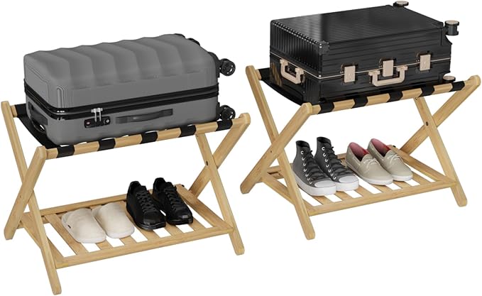 Smuxee Fully Assembled Luggage Rack Pack of 2, Upgraded Bamboo Foldable Suitcase Stand with 5 Nylon Straps, Luggage Holder with Shelf for Guest Room Bedroom Hotel