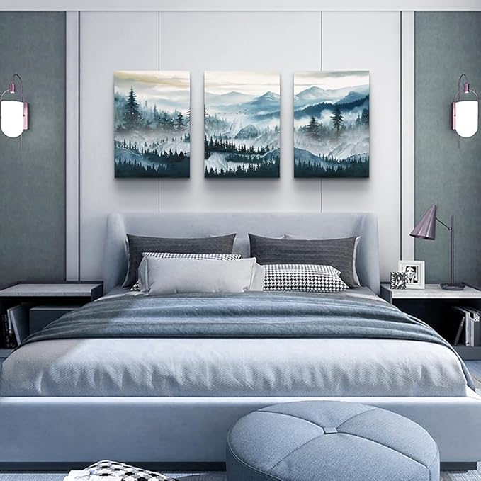 MHARTK66 Mountain Landscape Wall Art for Living Room, Large Foggy Forest Watercolor Artwork for Walls, 3 Piece Nature Mountain Forest Paintings Prints for Hallway Office Kitchen Wall Decor, 16x24 Inch
