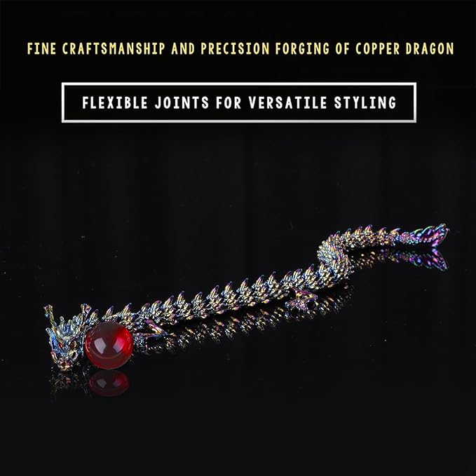 LIYAOLI Large Metal 3D Printed Articulated Chinese Dragon Figurine Statue Bookshelf Decor 15 Inch Three Color Flexible Joints Luck Dragon for Home Office Desk Decoration,with Red Gemstone Bead
