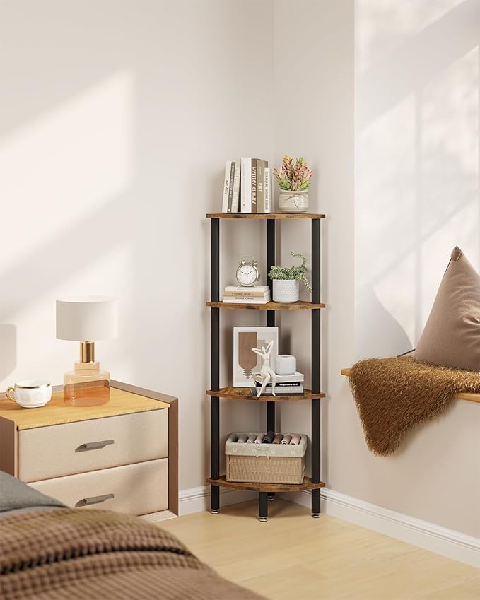 IBUYKE 4 Tier Corner Shelf Stand,Industrial Corner Display Rack,Corner Bookshelf for Living Room, Bedroom, Kitchen, Home Office, Brown WBC014H