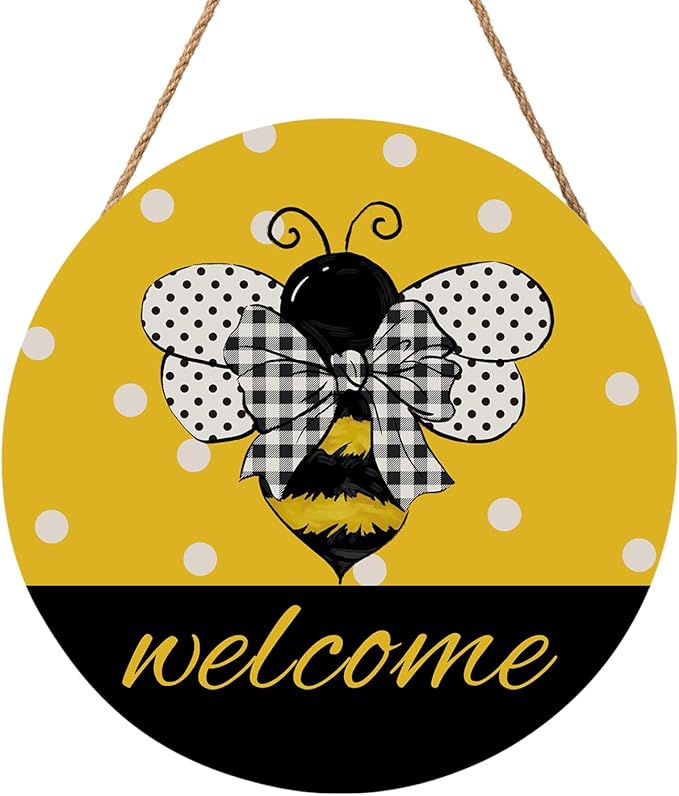 Bee Welcome Sign for Wreath Spring Summer Wooden Hanging Sign for Front Door Farmhouse Bumble Bee Decor Summer Door Hanger for Home Bedroom Living Room Indoor Outdoor Decorations 12"x12"