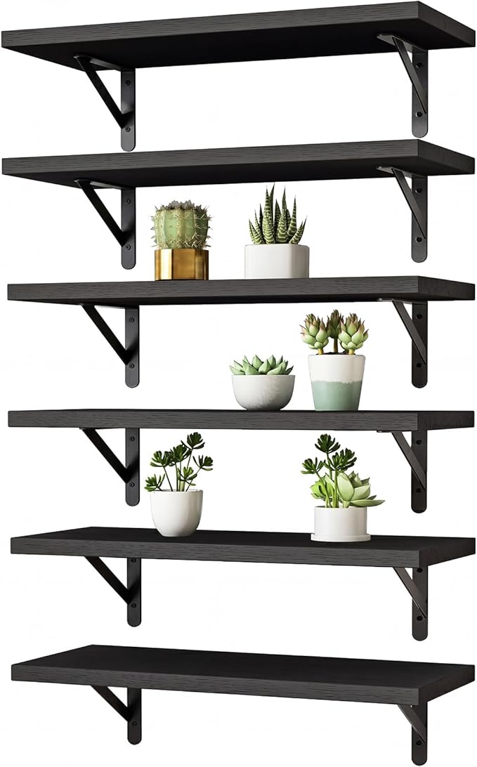 YGEOMER Wall Shelves for Bedroom, 16.5 Inch Floating Shelves for Wall, Shelves for Bathroom Storage, Living Room and Kitchen Decor (Set of 6 Black)