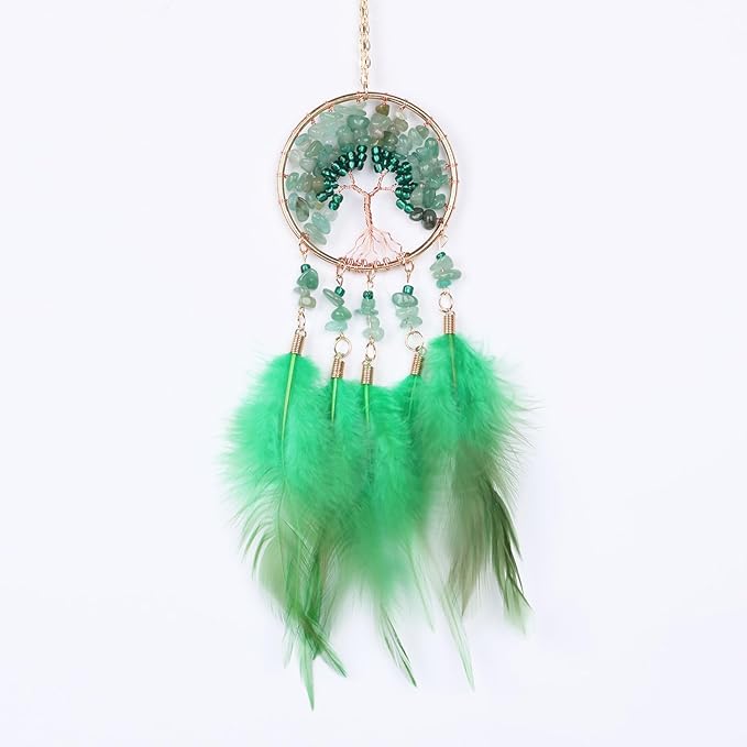 Pretty Jolly Small Tree of Life Crystal Stone Dream Catchers Green Feathers Mini Dreamcatchers for Cars Rear View Mirror Hanging Decoration Good Luck Travel Charm Bedroom Ornaments for Women Girls