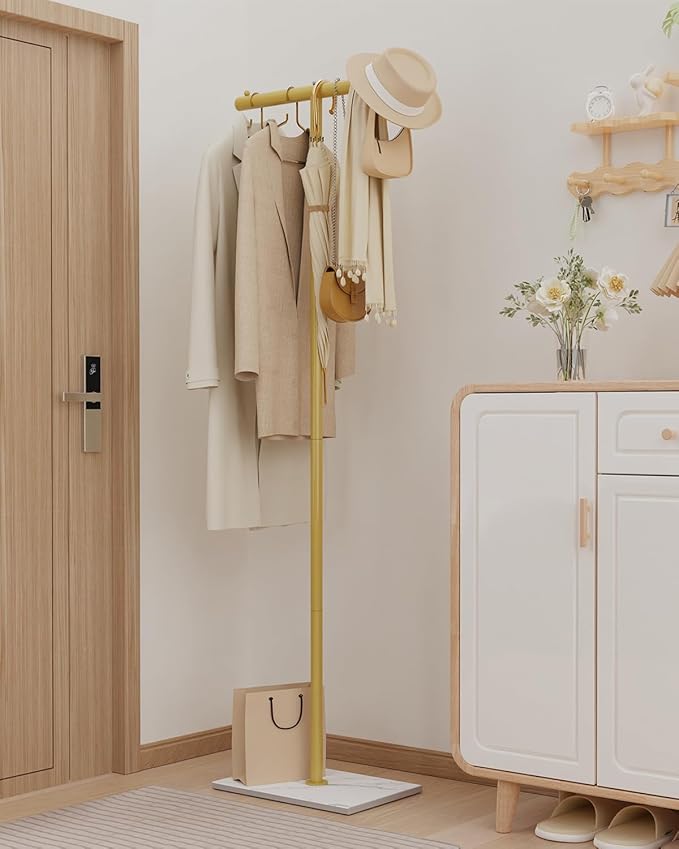 OUTBROS Metal Coat Rack, Coat Tree with Rock Base, T Shaped Freestanding Clothe Rack, Coat Hanger Stand Suitable for Bedroom, Hallway, Entrance, 68.9 Inches High, Gold