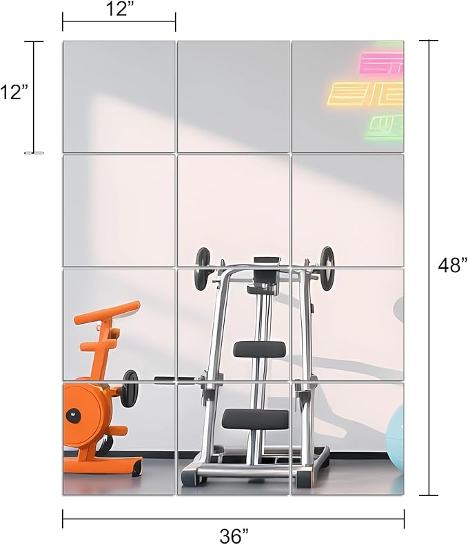 Ruomeng Home Gym Mirrors 12 Inch x 12Pcs Wall Mounted Mirror Glass Frameless Full Length Mirror Tiles for Home Gym, Bedroom, Door & Bathroom