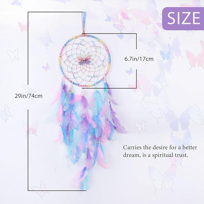 Pretty Jolly Dreamy Girls Butterfly Dream Catcher Wall Decor Fairy Colored Feathers Baby Dreamcatcher Handmade Home Décor Wall Hanging for Nursery Bedroom Girls Birthday Gift