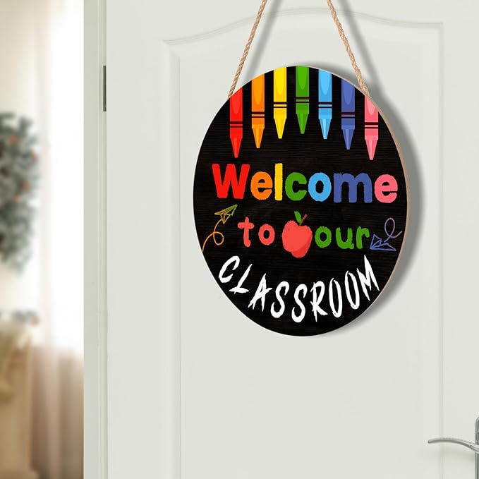Welcome Sign for Classroom Door Decorations 12x12in Welcome to Our Classroom Sign Welcome Back to School Door Hanger Teacher Welcom Round Wood Hanging Signs for School Classroom Wall Board Supplies