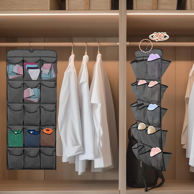 2Pcs 30 Large Pockets Dual Sided Hanging Shoe Organizer for Closet Shoe Storage Shelves with 360 Rotating Hanger Space Saving Storage Bag Hanging Shoe Rack for Bedroom Laundry Room,Black