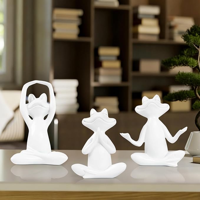 Suoedd White Frog Figurines Yoga Decor Set of 3 –Frog Yoga Statues for Modern Living Room Table Office Bookshelf Shelves Home Sculptures Decor