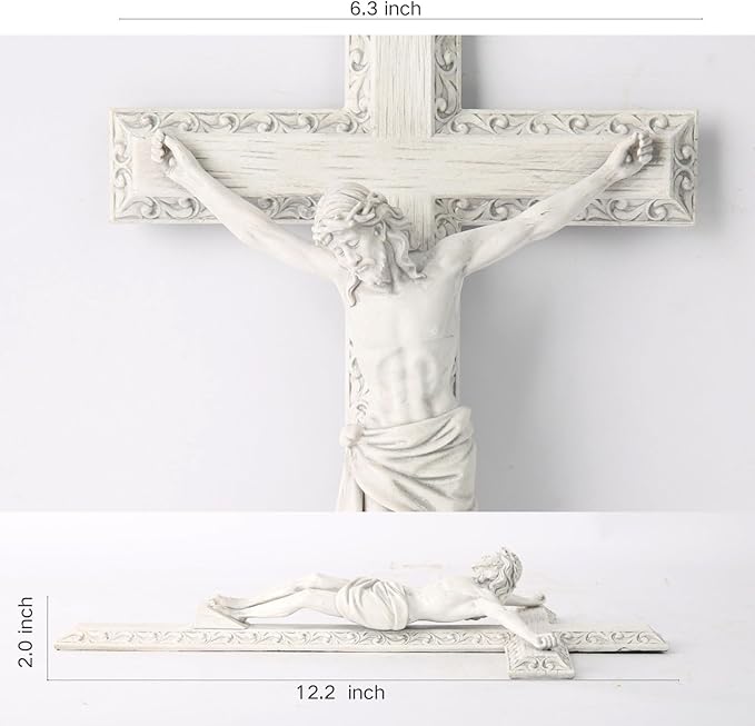 BC Catholic Crucifix Wall Cross, 12" H Jesus Christ Wall Decor for Elegant Modern Home, Devout Gift for Easter, Religious Gifts Home Decor, Grey White Stone Finish, Hand Painted by Buildclassic