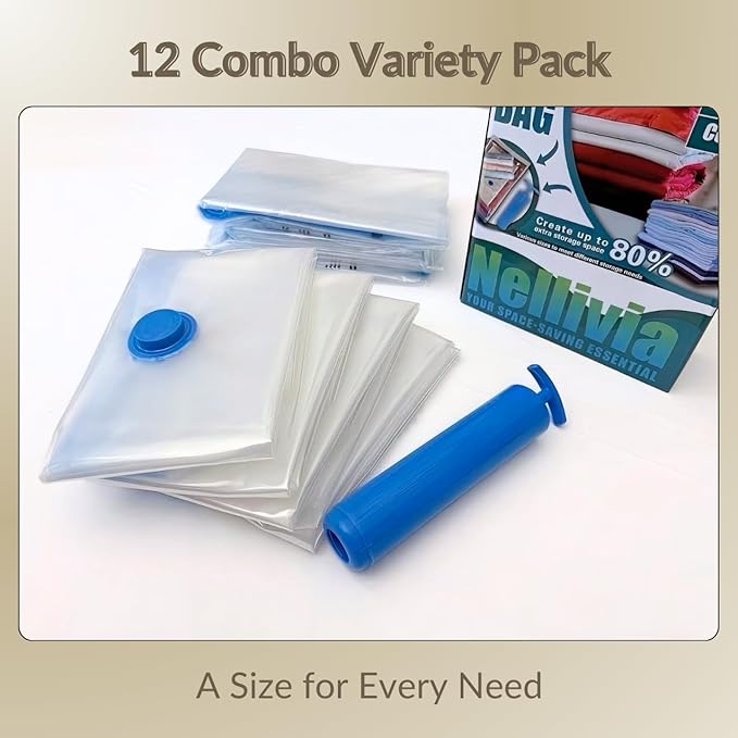 12 Pack Vacuum Storage Bags with Hand Pump, Compression Space Saver for Comforter, Bedding, Blanket Storage, Vacuum Seal Bags for Clothing, Luggage Suitcase and Closet Organizer