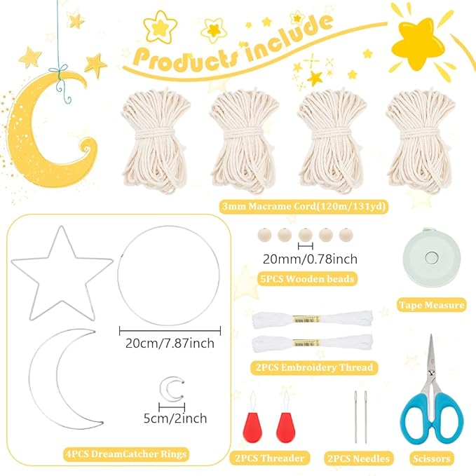 Macrame Kits for Adults Beginners Easy 3 Set Moon Star Craft Kits DIY Dream Catcher Kit with Instructions Video Macrame Wall Hanging Supplies Dream Catcher Kit for Room Wall Decoration