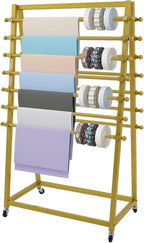 15 Tier Ribbon Holder Organizer Rack, Movable Scarf Towel Holder, Double-Sided Scarf Rack with Lockable Wheels, Floor Standing Ribbon Organizer for Craft Room Cake Shop Flower Store (Gold)