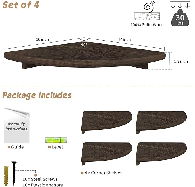 Forbena Floating Corner Shelves for Wall Set of 4, Small Corner Bookshelf for Bedroom Books, Round Wooden Corner Shelf Wall Mount for Bathroom Plants, Kitchen, Living Room Decor (Dark Brown)