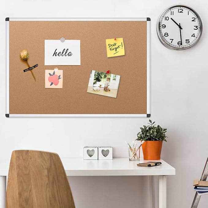 VIZ-PRO Cork Notice Board, 48 X 36 Inches, Cork Bulletin Board with Silver Aluminium Frame