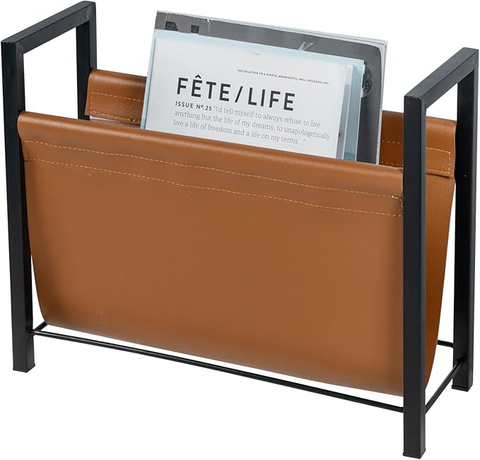 MyGift 15 Inch Modern Caramel Leatherette Magazine Holder with Rectangular Black Metal Frame, Floor Standing Faux Leather Book Storage Newspaper Rack, Home Bathroom Decor