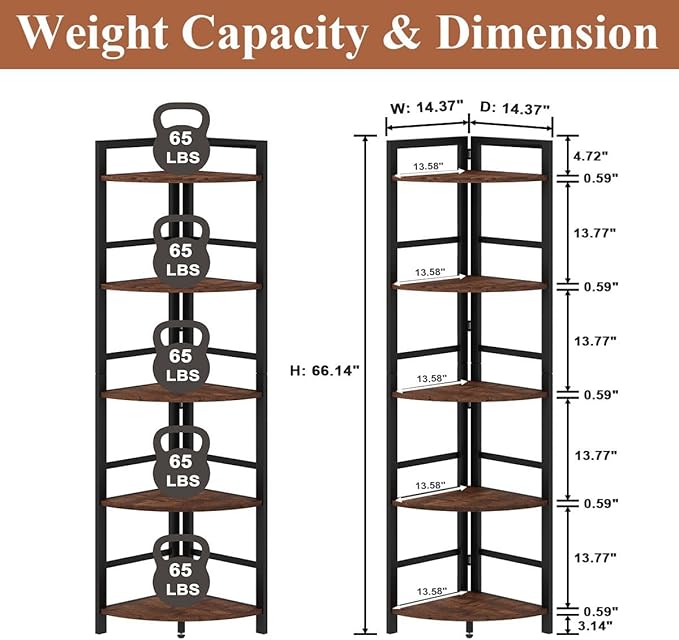 BON AUGURE 5 Tier Corner Bookshelf, Industrial Corner Shelf Stand, Narrow Tall Wood Bookcase, Display Wooden Shelving Unit Shelf for Living Room, Kitchen, Home Office (Rustic Oak)
