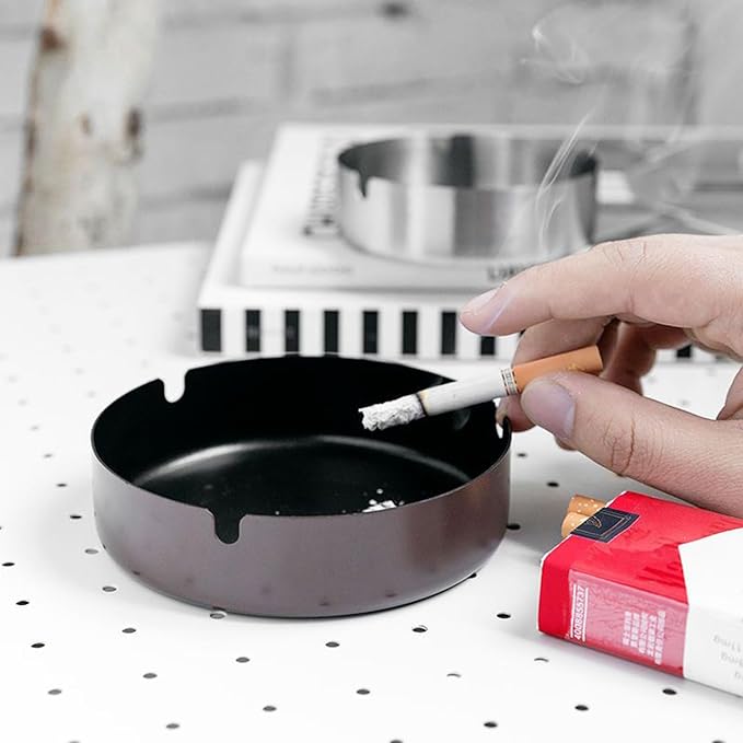 Ashtray Stainless Steel Cigarette Ashtray Ash Tray for Cigarettes 2 Pack (Black, Large-3.94in)