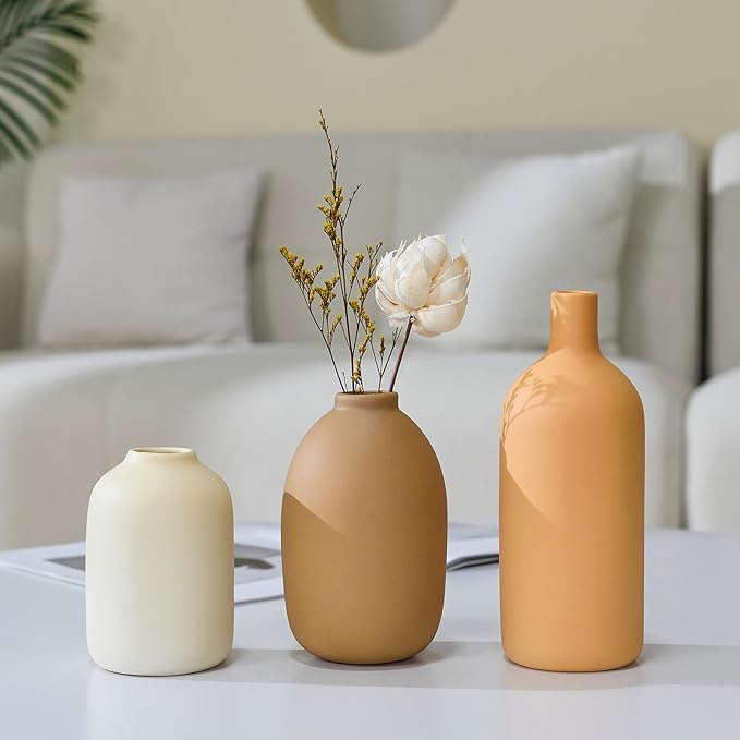 Ceramic Vase Set of 3,Neutral Modern Vases for Bouquet Pampas Grass Dried Fresh Flowers,Rustic Home Decor for Living Room,Bedroom Entryway(Beige)