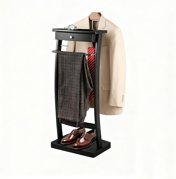 Valet Stand Wooden with Drawer, Valet Rack with Tray, Men and Women Freestanding Clothes Valet Stand, for Living Room Office Dressing Room, 44.4X30X112.2 CM (Black)