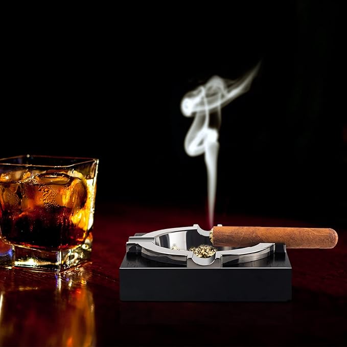 Cigar Ashtray,Cool Ashtrays Cigar Gifts for Men,Metal Cigar Tray with Solid Wood Base Black Ash tray for Home/Office/Bar/Patio Decor(Black)