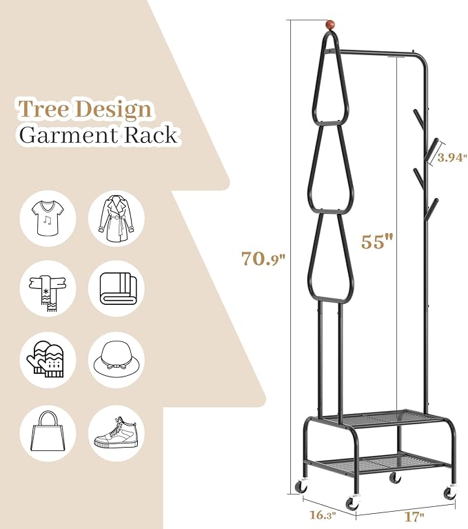 Clothes Rack, Metal Garment Rack with Wheels and Shelves, Rolling Portable Clothing Racks for Hanging Clothes, Freestanding Storage Solution for Small Spaces (Black)