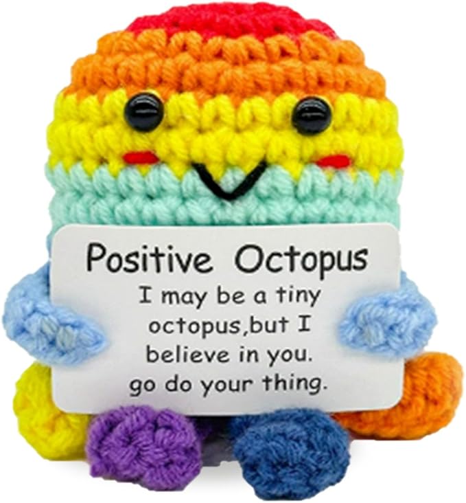 Valentines Day Decor, Positive Octopus Gifts Love Support, Octopus Desk Decorations Accessories for Women Men, Crochet Octopus Doll with Emotional Cards