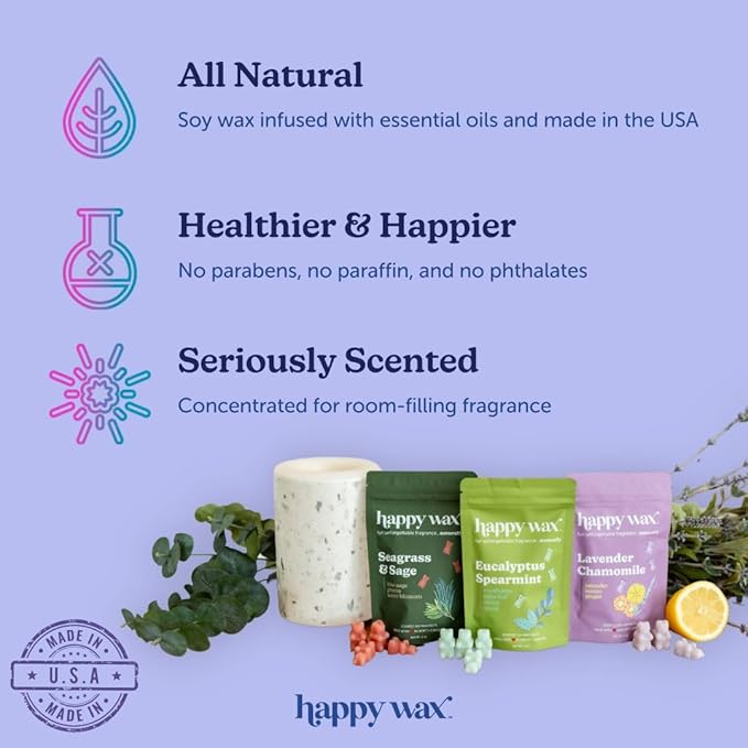Happy Wax Fresh Mix Collection Premium Scented Non-Toxic, Pet-Friendly Wax Melts - 6 oz Set with Cotton, Lemon Verbena, and Calming Lavender Scents