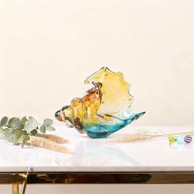 DOVDOV Hand-Blown Glass Conch Sculpture, Coastal Home Decor Conch Horn, Glass Art Seashell Ornament, Office, Living Room Tabletop Centerpiece, Bathroom Shelf top and Cabinet Decoration.