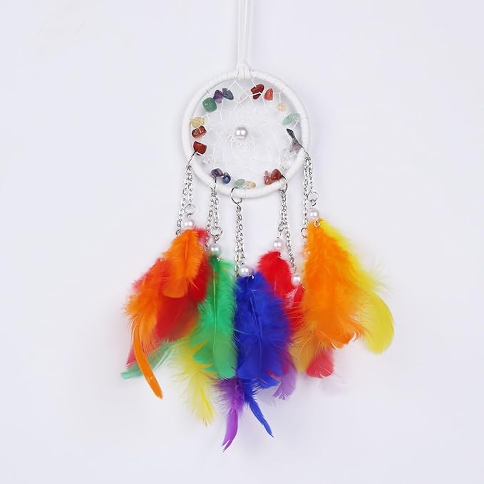 Pretty Jolly Crystal Stone Small Dream Catchers Rainbow Feathers Mini Dreamcatchers with Beads for Cars Rear View Mirror Hanging Decoration Good Luck Travel Charm Bedroom Ornaments for Women Girls