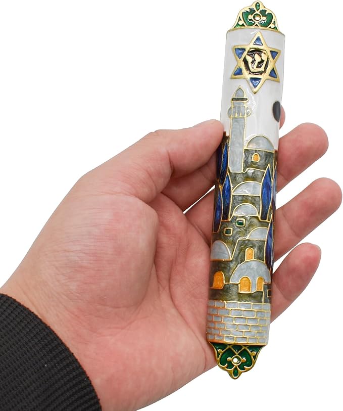 Mezuzah with Scroll for Door, Enamel&Zinc Alloy Blessing Mezuzah Case for Door, Colored Painted Mezuzha Scroll Kosher for Jewish Gifts/Jewish Decor, Christmas (Mutil Color, 1.1x6.53 in)
