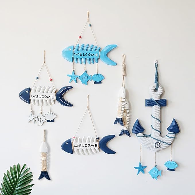 Miyolo Fish Wall Decor Mediterranean Beach Themed Welcome Sign Wooden Fish Skeleton Nautical Ornament for Kids Room Kindergarten School Bathroom 10.8" x 3.8" Porch Door Hanging Decorations