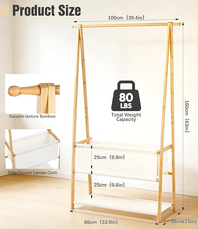 Bamboo Clothes Rack with Storage Box and Storage Shelf, Portable Extra Large Garment Rack Clothing Rack, Foldable Wardrobe For Entryway and Bed Room (M - 39.4 Inch)