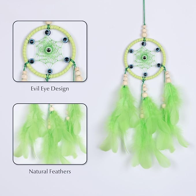 Pretty Jolly Small Evil Eye Dream Catchers Wall Decor Wood Beads Handmade Green Feathers Mini Dreamcatchers Home Decoration Ornament for Car Bedroom Birthday Party