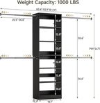 W1 Closet System, 3.5FT-7.7FT Closet Organizer System with 4 Chrome-Plated Telescopic Rods & 6 Adjustable Shelves, Custom Wood Walk-In Closet Wall-Mounted Clothing Rack, Black